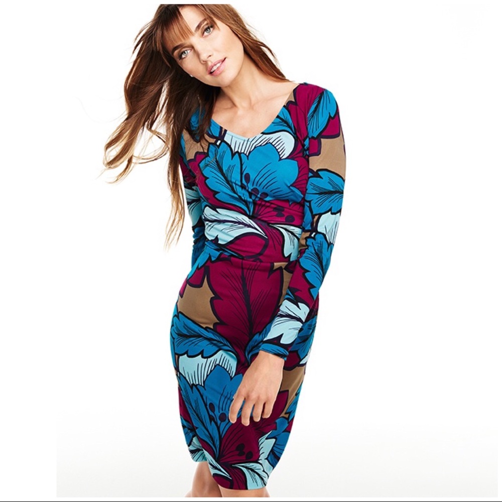 Talbots Foliage Print Side Ruched Jersey Dress